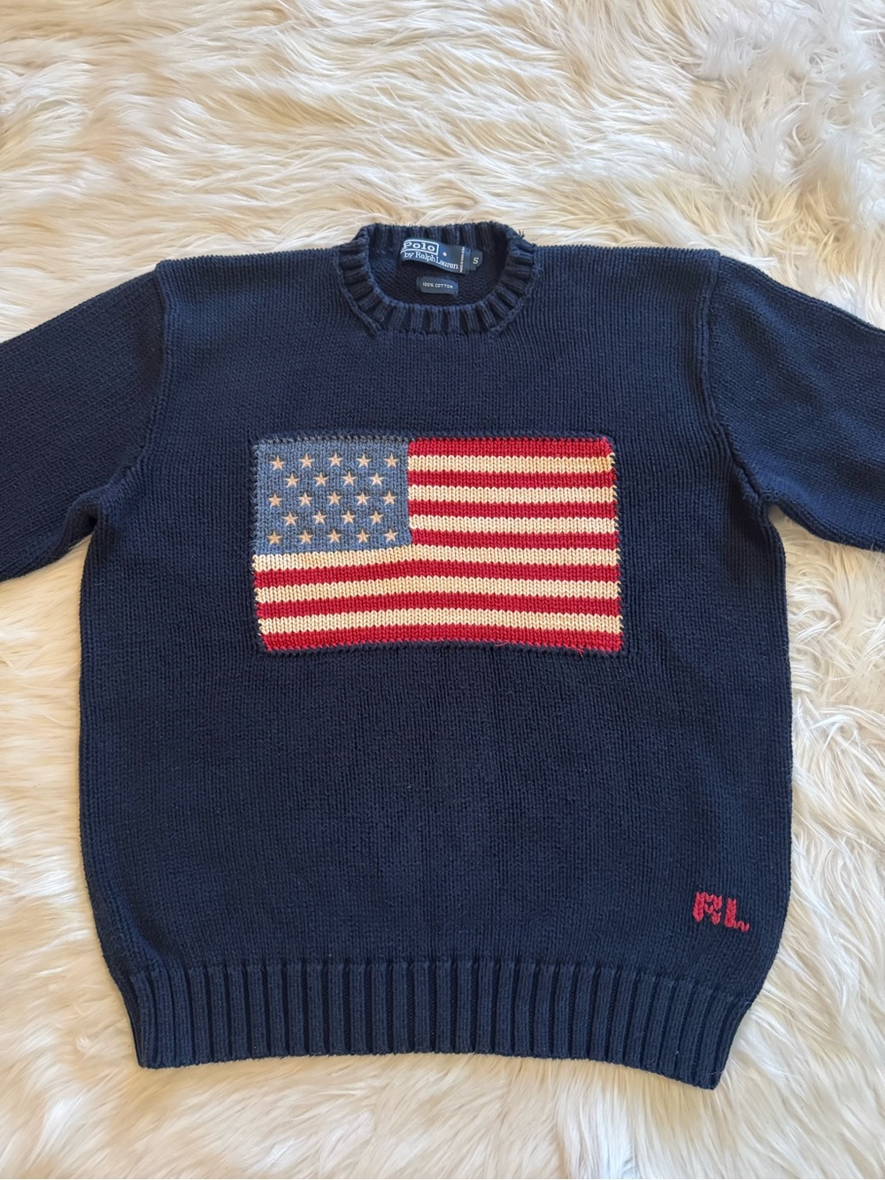 Polo Ralph Lauren American Flag Sweater USA Knit Crewneck Navy Blue Size Small - Picture 3 of 6